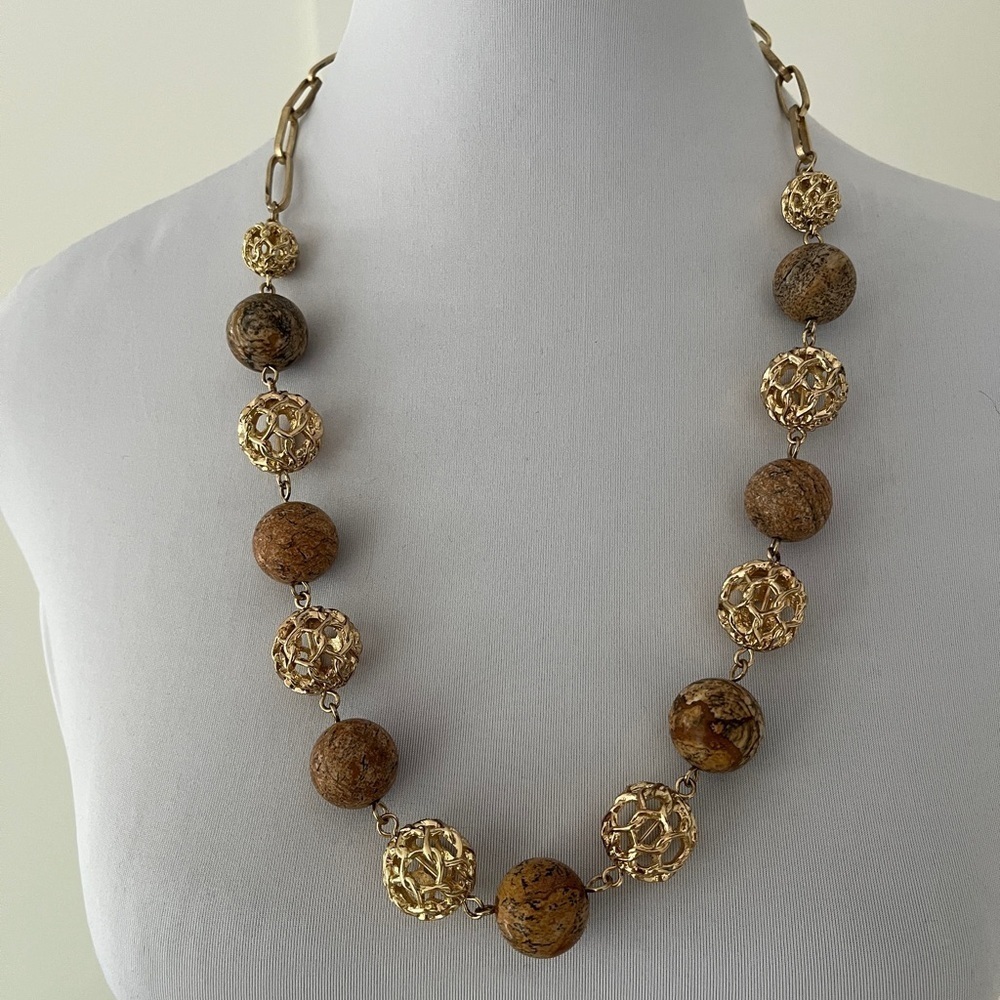 R.J. GRAZIANO CN Signed Necklace Gold Tone Filigree Brown Marbled Beads Neutral